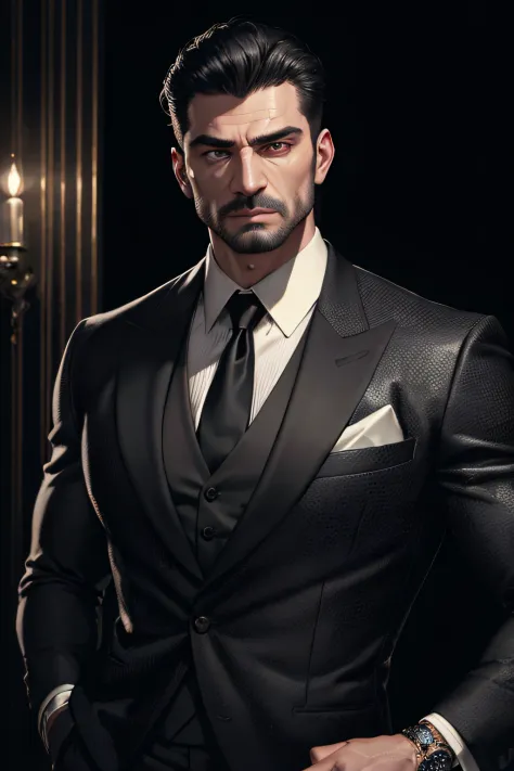 realistic (muscular man:1.1) mob boss, wearing intricate black elegant suite, portrait, short hair, jewelry, in a nightclub, spo...