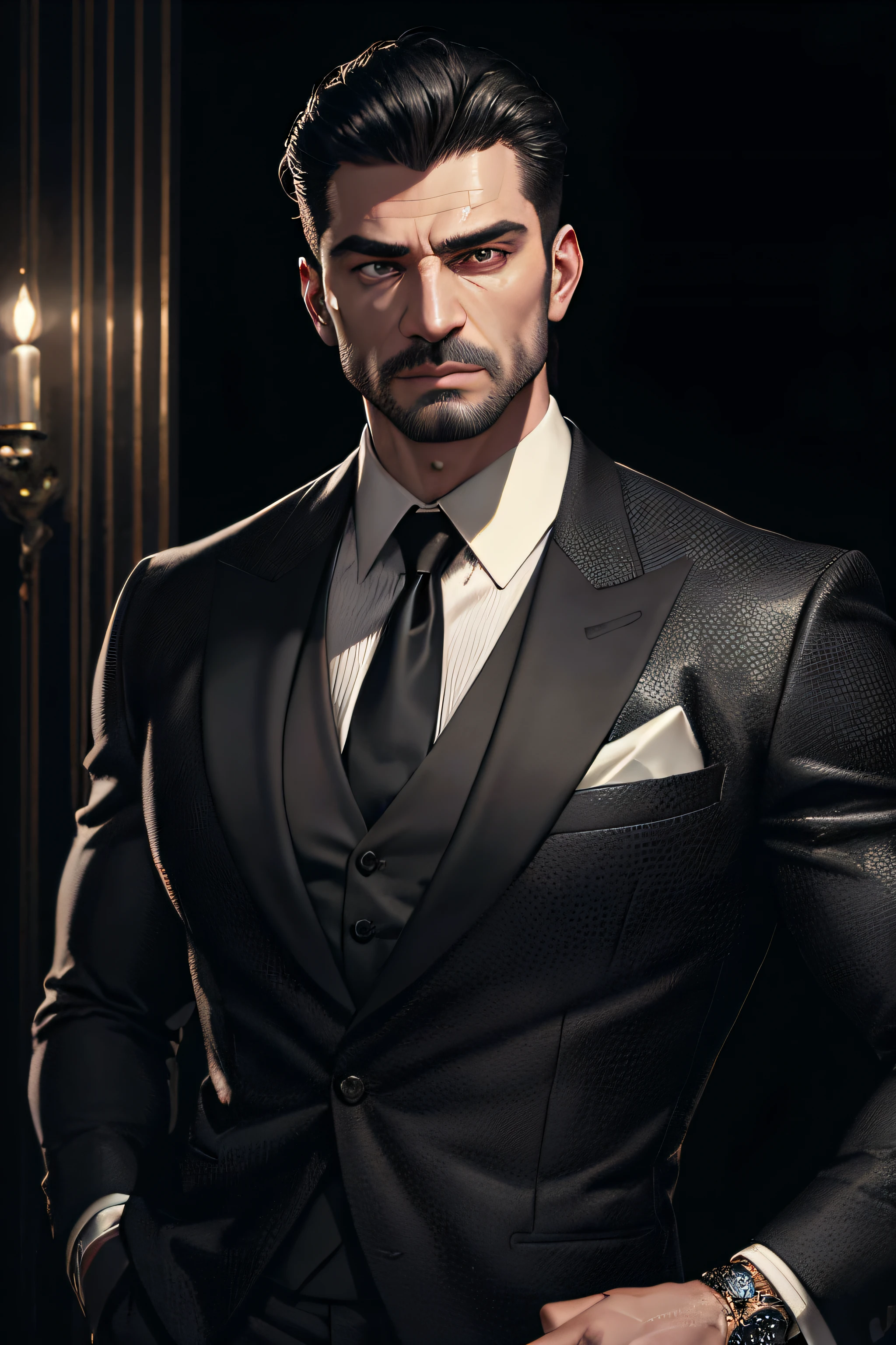 realistic (muscular man:1.1) mob boss, wearing intricate black elegant suite, portrait, short hair, jewelry, in a nightclub, spot lighting the scene, detailed background, intricate details, (illustration), masterpiece, high resolution, best quality.