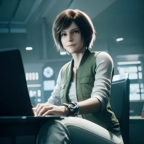 beautiful face, smile, short bob brown hair, perfect face, by unreal engine, Rebecca chamber from resident evil