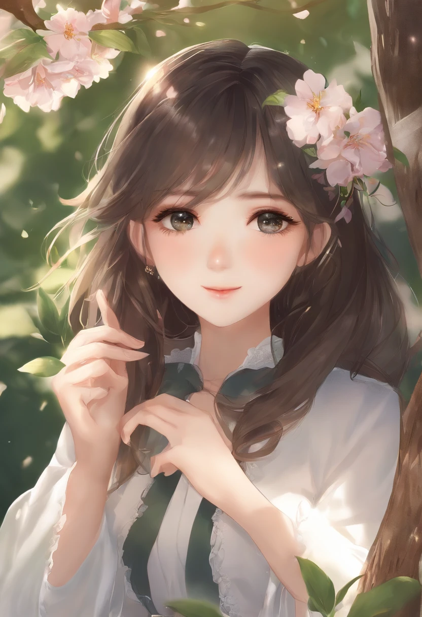 (masutepiece), (Best Quality), (Super Detail), (disheveled hair), (Illustration), (1 girl), (interview), (Brief background), Beautiful detailed eyes, Delicate beautiful face, floating, (High color saturation), (shine), Focus on Face, Black hair, Bangs, Full smile, Floating hair. girl, Maiden in Love, pixiv illustration, of the highest quality, super detailed, Smile, clever, Beautiful face, 4K, Nature, The tree々Sunlight coming in from between,
