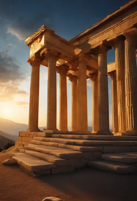 an ancient Greek temple on top of a hilltop, four columns of classical Greek architecture stands out, an epic landscape, appearance of glory and golden lighting