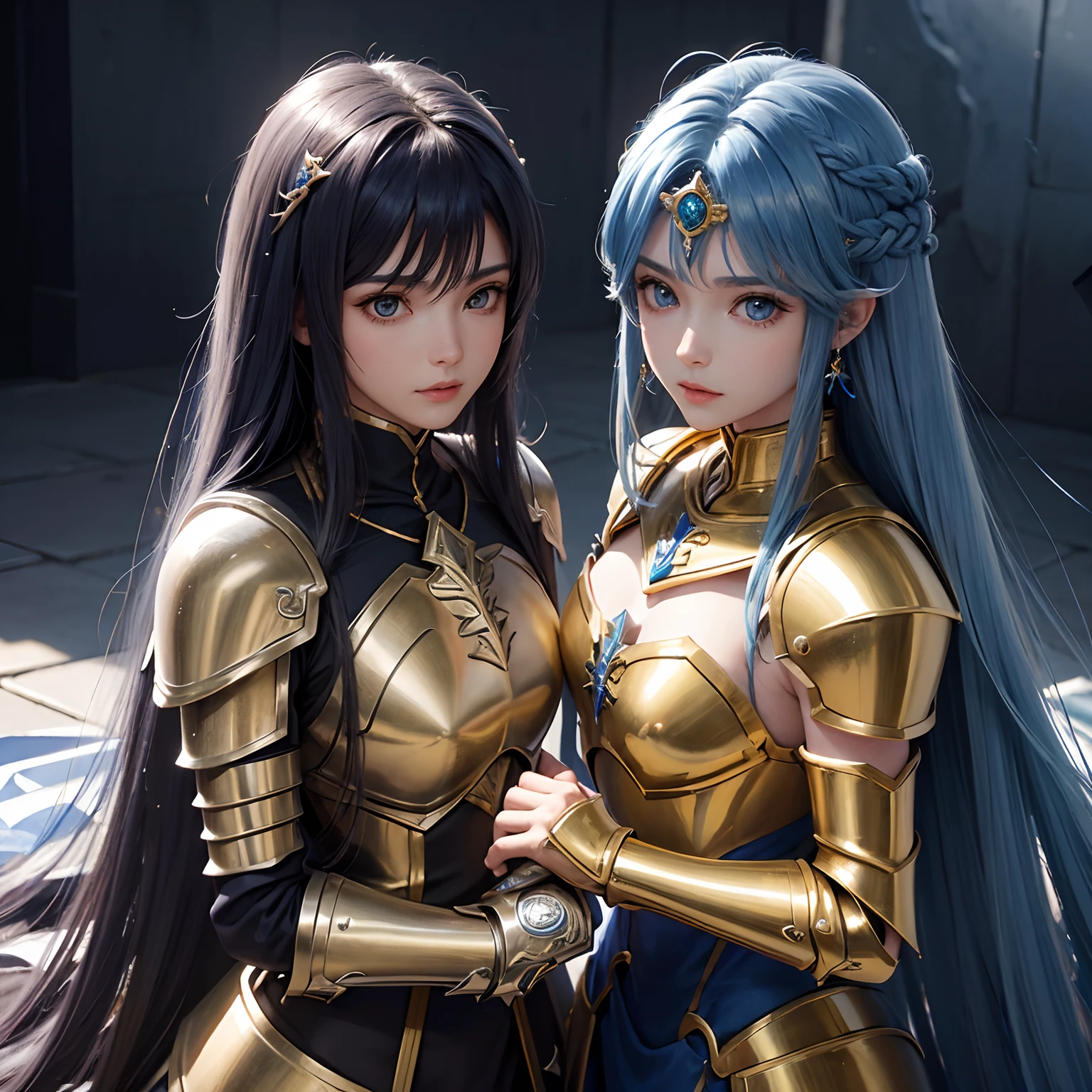 Obra prima melhor qualidade, cavaleiro bonito olhos azuis, cabelo comprido azul, usando armadura de ouro, Knight is Saint Seiya's Twins Saga, Wearing Gemini Gold Armor, extremamente detalhado, 8k, ultra realista