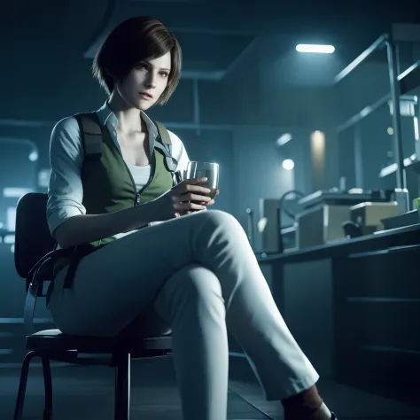 beautiful face, glare, little smile, short bob brown hair, perfect face, Rebecca chamber from resident evil, green vest