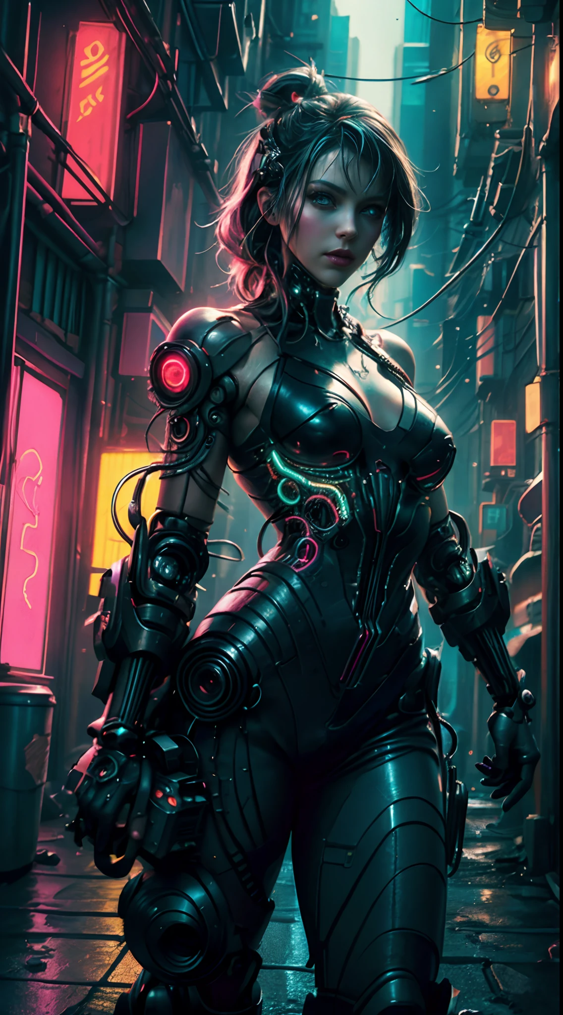 (fotorealistisch:1.4) Pictures of cyberpunk girls, (Top quality, 8K, 32 Tsd., Masutepiece), (Dynamische Pose), ((nach vorne gerichtete Kamera)), (Blick in die Kamera), Cowboy erschossen, Formloses Haar, buntes Haar, Bunte Cyberpunk-Kleidung, Depth of field f/1.8, cyberpunk city hintergrund, Filmische Beleuchtung.14 Jahre 
The cybernetic enhancements you possess are not just for show - they are your lifeline in this dangerous world. With your enhanced strength, speed, and agility, you must navigate through the city's dark underbelly and confront its most dangerous criminals. Will you survive, or will you become just another victim of the cyberpunk neon world? Girl Hair with neon colors Highlights with bright colors