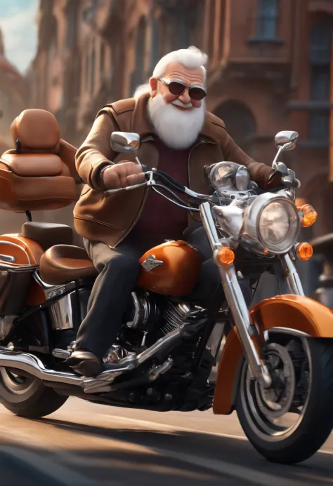 (best quality,3D rendering:1.2),elderly man with glasses piloting a Harley Davidson 883,Disney Pixar style poster, motorcycle, 3D illustration, vibrant colors, adventure, road trip, dynamic pose, excitement, youthful spirit, speed, wind blowing, detailed r...