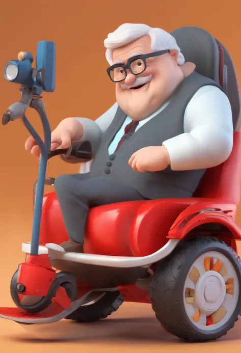 An illustration of an adorable grandfather, chubby white man with glasses s blue eyes cap with his red motorized chair with three wheels Develop this artwork in Full HD, Focus on your cinematic touch, Estilo Disney Pixar Animations