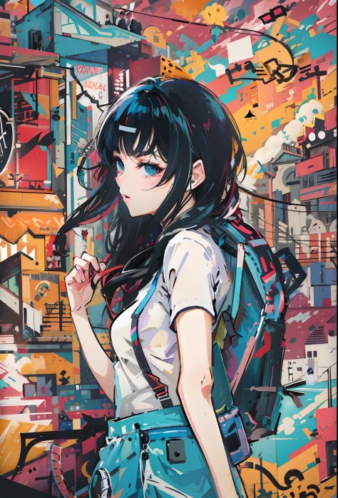 fille d’anime avec un sac à dos marchant devant un mur de graffitis, Style anime 4 K, Anime Art Fond d’écran 4K, Anime Art Fond ...