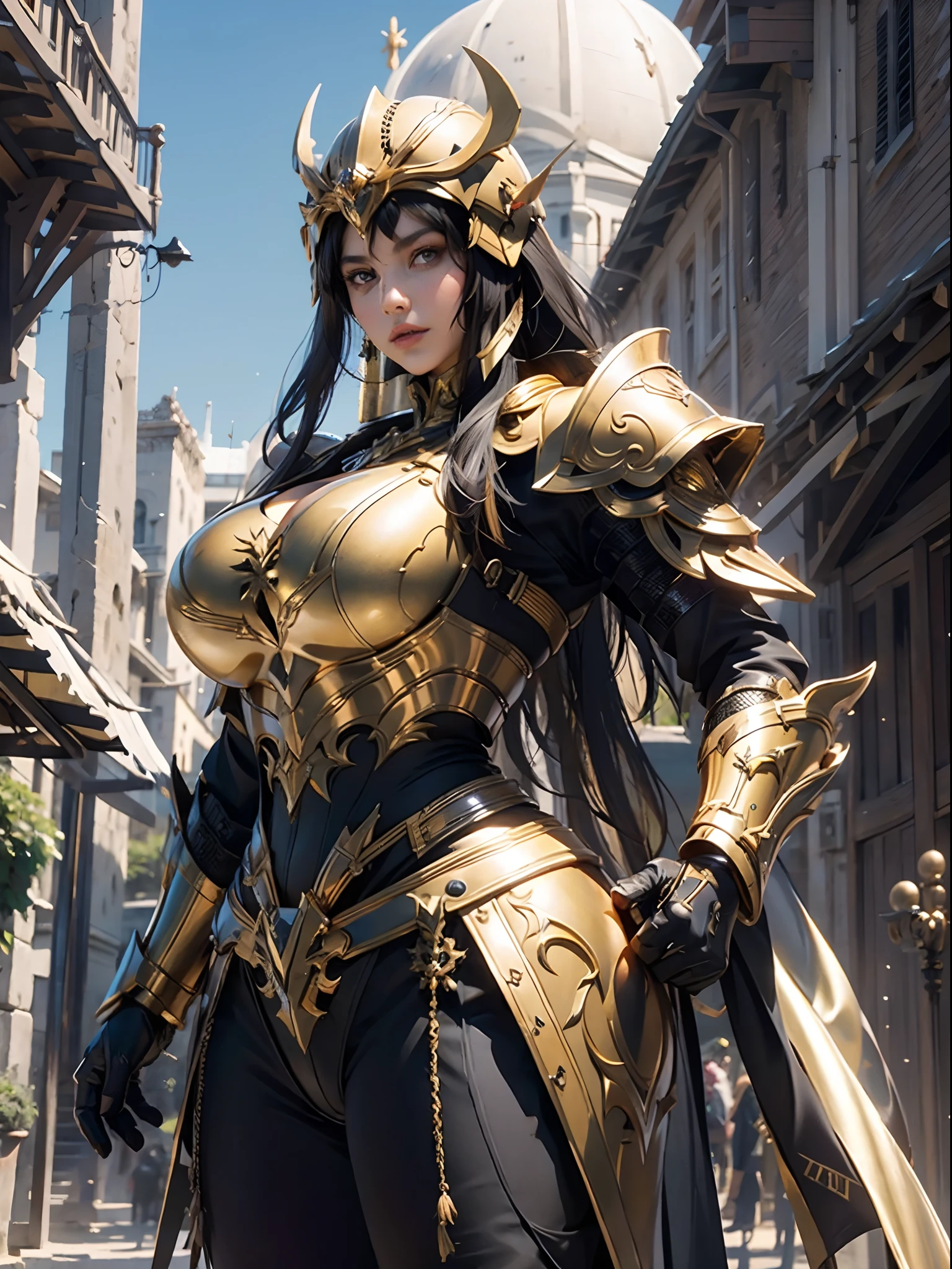 a beautiful golden-greek-armored warrioress, jet-black hair, spartan helmet, muscular, huge and heavy breasts, looking at viewer, modelshot pose, masterpiece, best quality, 8k, blurred background, medieval fantasy castle in the background