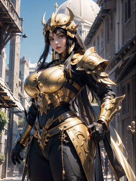 a beautiful golden-greek-armored warrioress, jet-black hair, spartan helmet, muscular, huge and heavy breasts, looking at viewer...