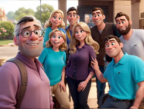 Obra-prima ao estilo Disney/Pixar in high quality and high resolution. The woman in the front is blonde and the man has black hair.