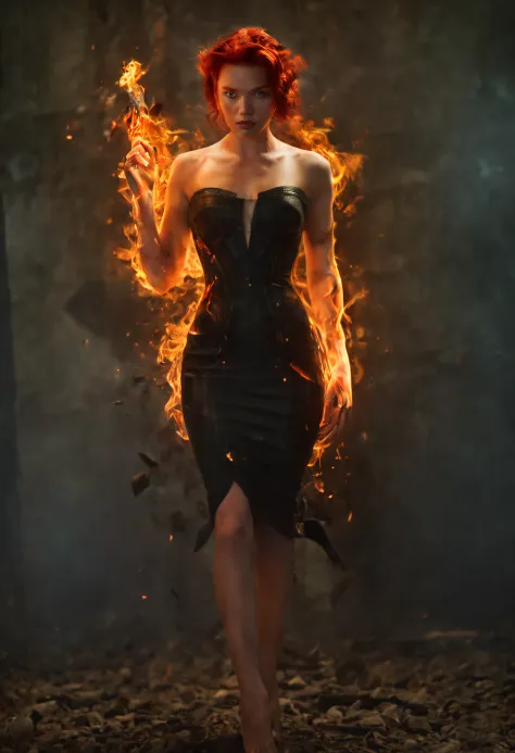 (Masterpiece, High quality, Best quality, offcial art, Beauty and aesthetics:1.2),(theelementoffire:1.4),（1 young woman：1.6），scarlettJohansson,Composed of fire elements，Highly realistic,posing elegantly,Transparency,Sci-fi lighting effects,dress,Flame,hoan...