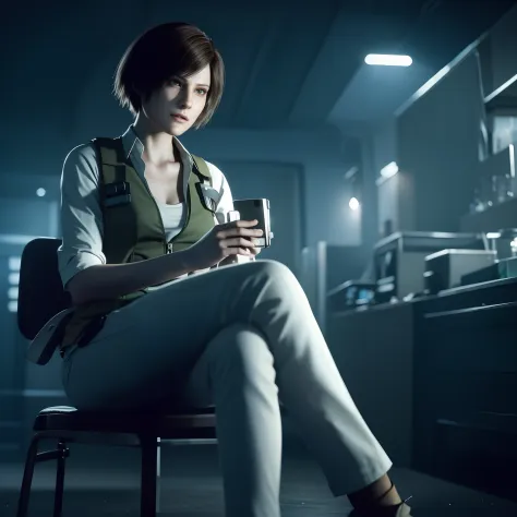 beautiful face, glare, little smile, short bob brown hair, perfect face, Rebecca chamber from resident evil, green vest