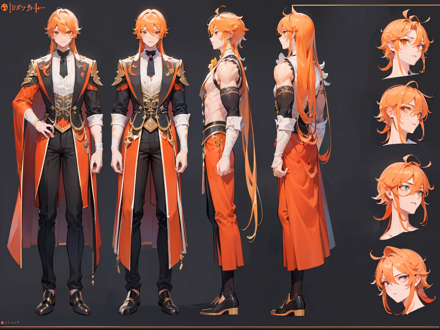 ((Masterpiece, Highest quality)), Male, boy, Detailed face, character design sheet， full bodyesbian, Full of details, frontal body view, back body view, Highly detailed, Depth, Many parts, Muscle boy with orange long hair，handsome man, vampire outfit clothes, Genshin Impact, man tall