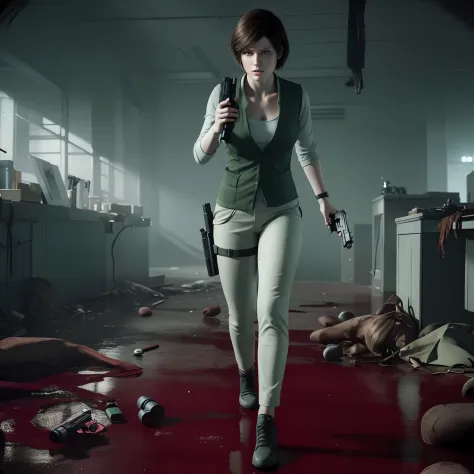 beautiful face, glare, short bob brown hair, perfect face, Rebecca chamber from resident evil, green vest, hold a gun
