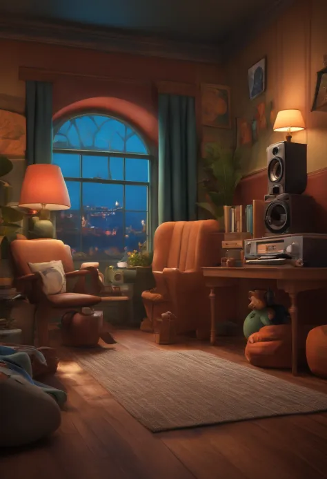 um homem, em breve, barba longa, olhos castanhos, com fones de ouvido, A music studio in the background, Imagem no estilo Pixar, Estilo de filme animado 3D, Disney, camiseta preta