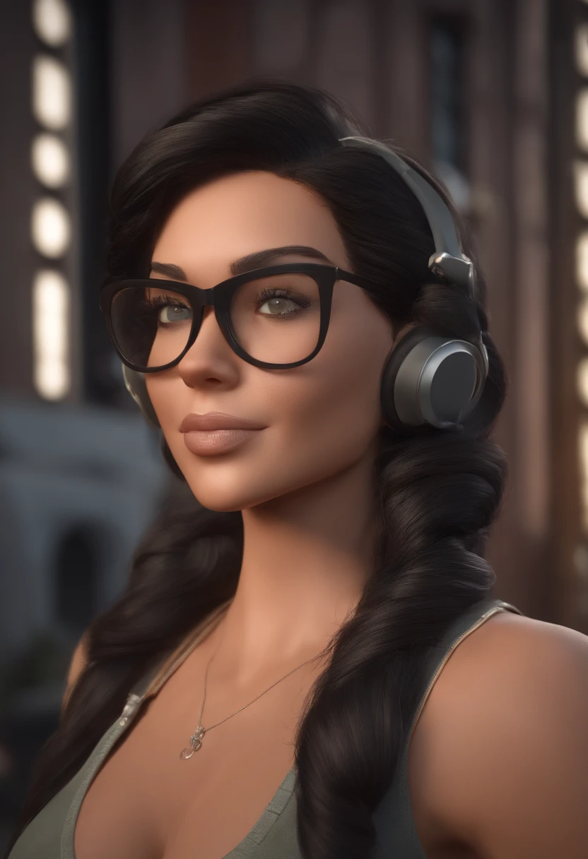 A woman with glasses and headphones is standing in front of a building -  SeaArt AI