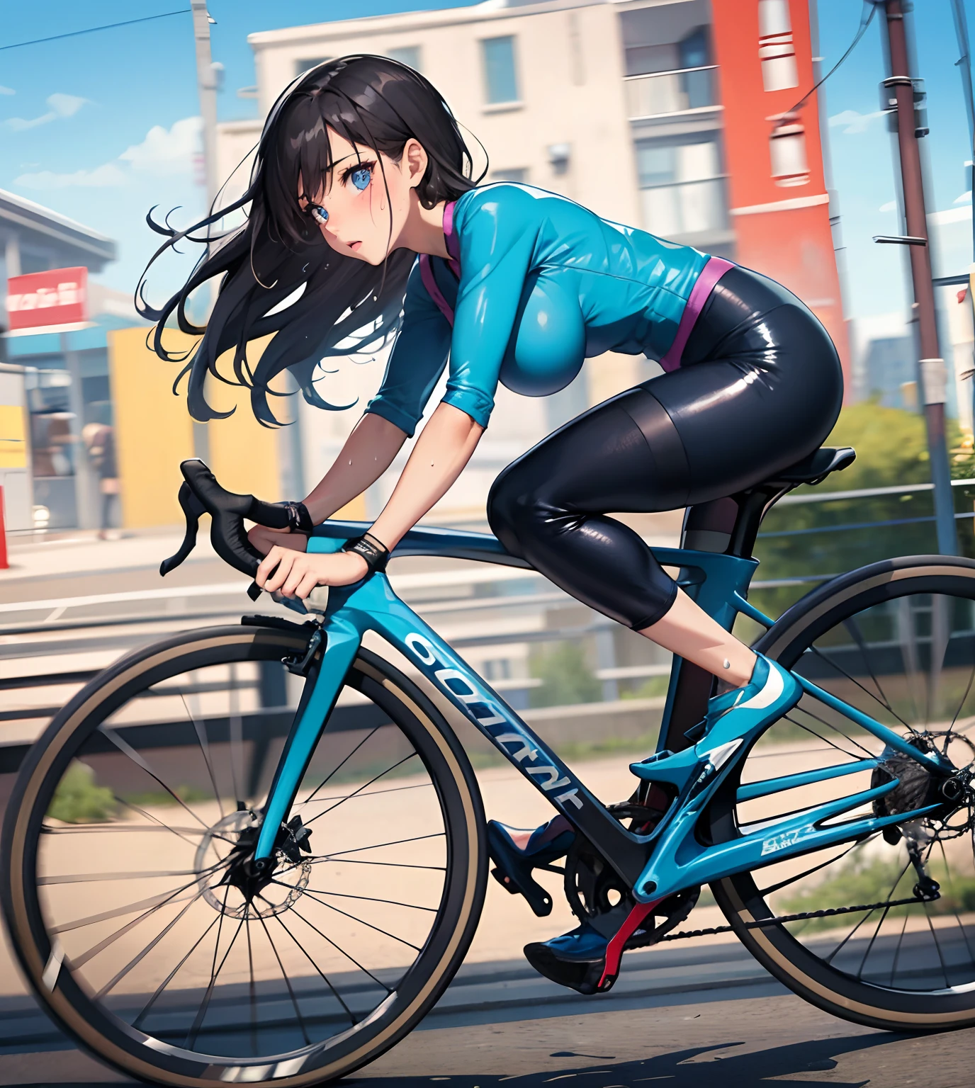 A woman riding a bicycle on the road，huge tit, Fitness model, The background is the building, Cycling!!, campy and colorful, in detail, Sweaty, candid, Dark blue jumpsuit, Latex tights, cover shot, the are In the background, Portrait shooting, aerodynamic frame, Very sweaty