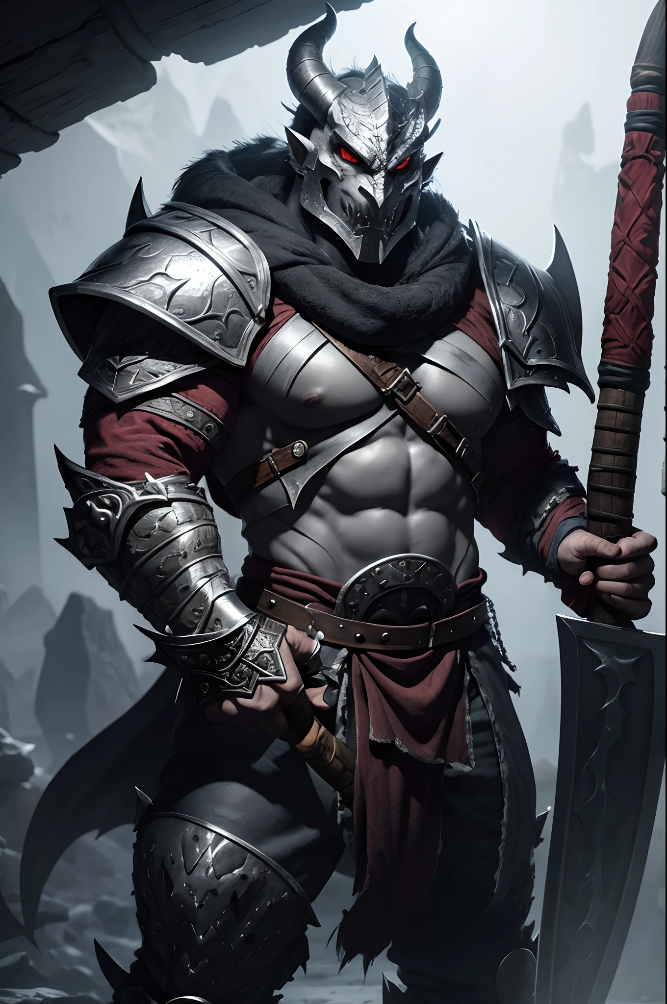 Silver Dragonborn from D&D, Barbarian Clothes and a Big Axe, he have a ...