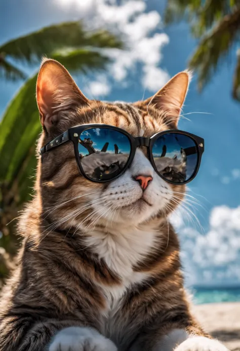 hyper detailed photograph of a cat wearing sunglasses under a tropical sky, daytime,|photographic, realism pushed to extreme, fine texture, incredibly lifelike, cinematic, large format camera, photo realism, DSLR, 8k uhd, hdr, ultra-detailed, high quality,...