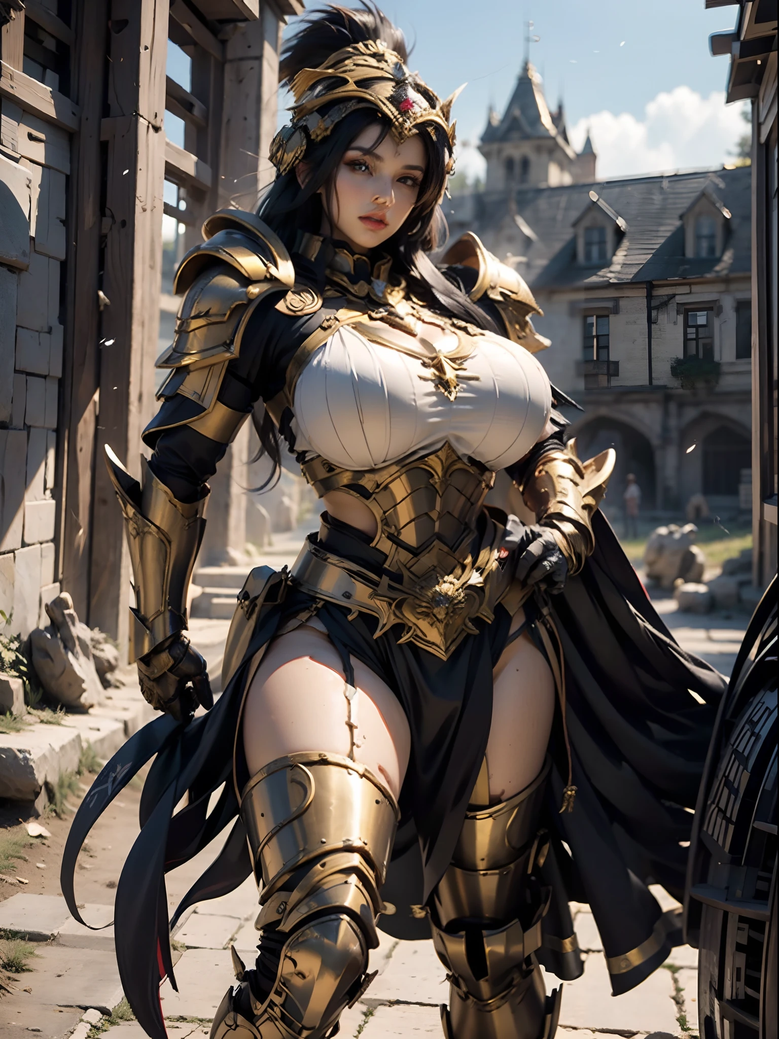 a beautiful golden-greek-armored warrioress, jet-black hair, hoplite helmet, muscular, huge and heavy breasts, looking at viewer, modelshot pose, masterpiece, best quality, 8k, blurred background, medieval fantasy castle in the background