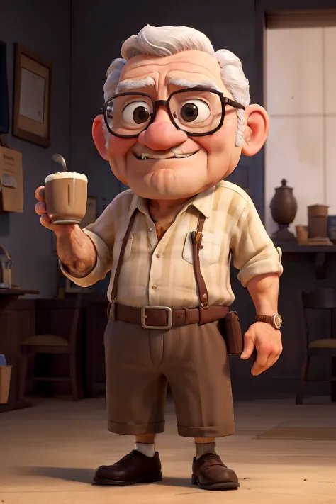 obra-prima, de melhor qualidade, An old man with glasses and grumpy, with a cup of coffee in hand