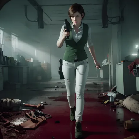 beautiful face, glare, short bob brown hair, perfect face, Rebecca chamber from resident evil, white jeans, green vest, holding a gun
