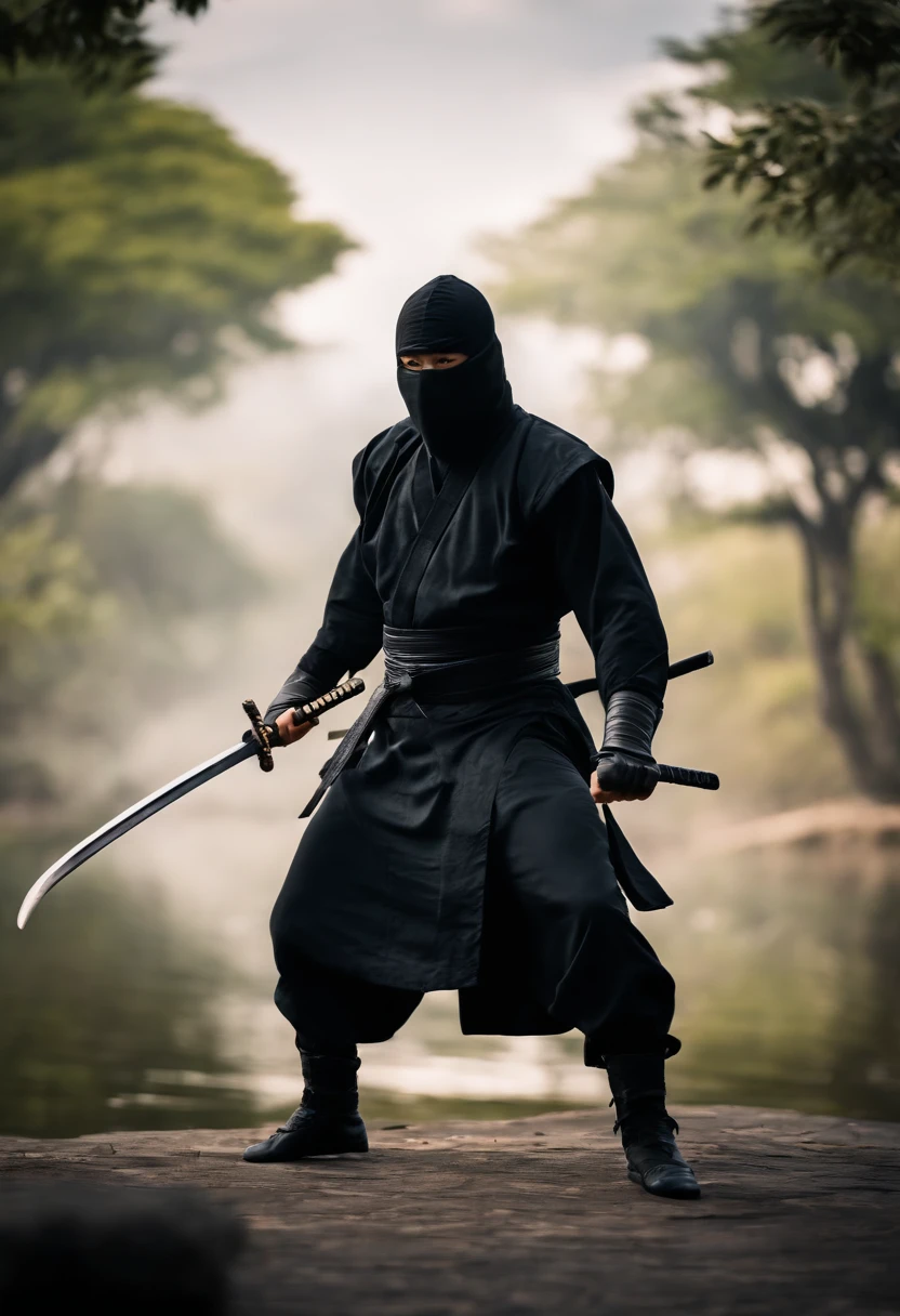 Posición de lucha de cuerpo completo de ninja chino negro Ultra HD