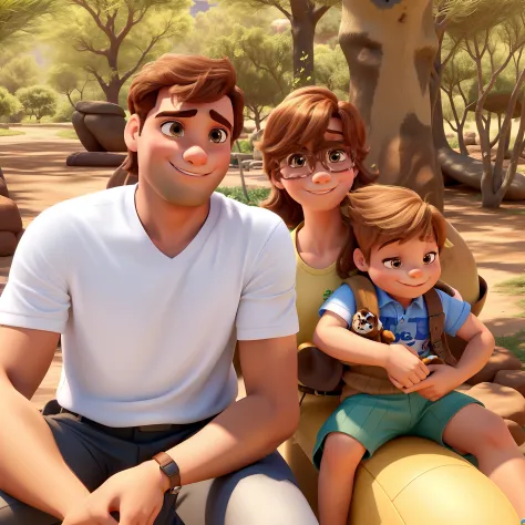 Um homem, um menino, uma mulher e um cachorro no estilo Disney pixar, alta qualidade, melhor qualidade