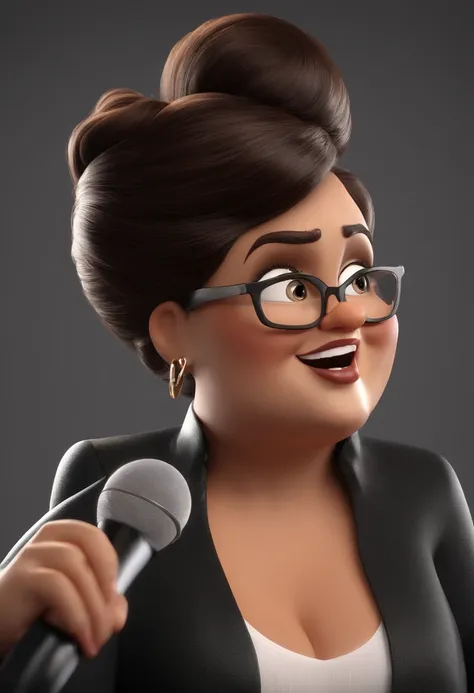 A woman in glasses and a suit holding a microphone - SeaArt AI