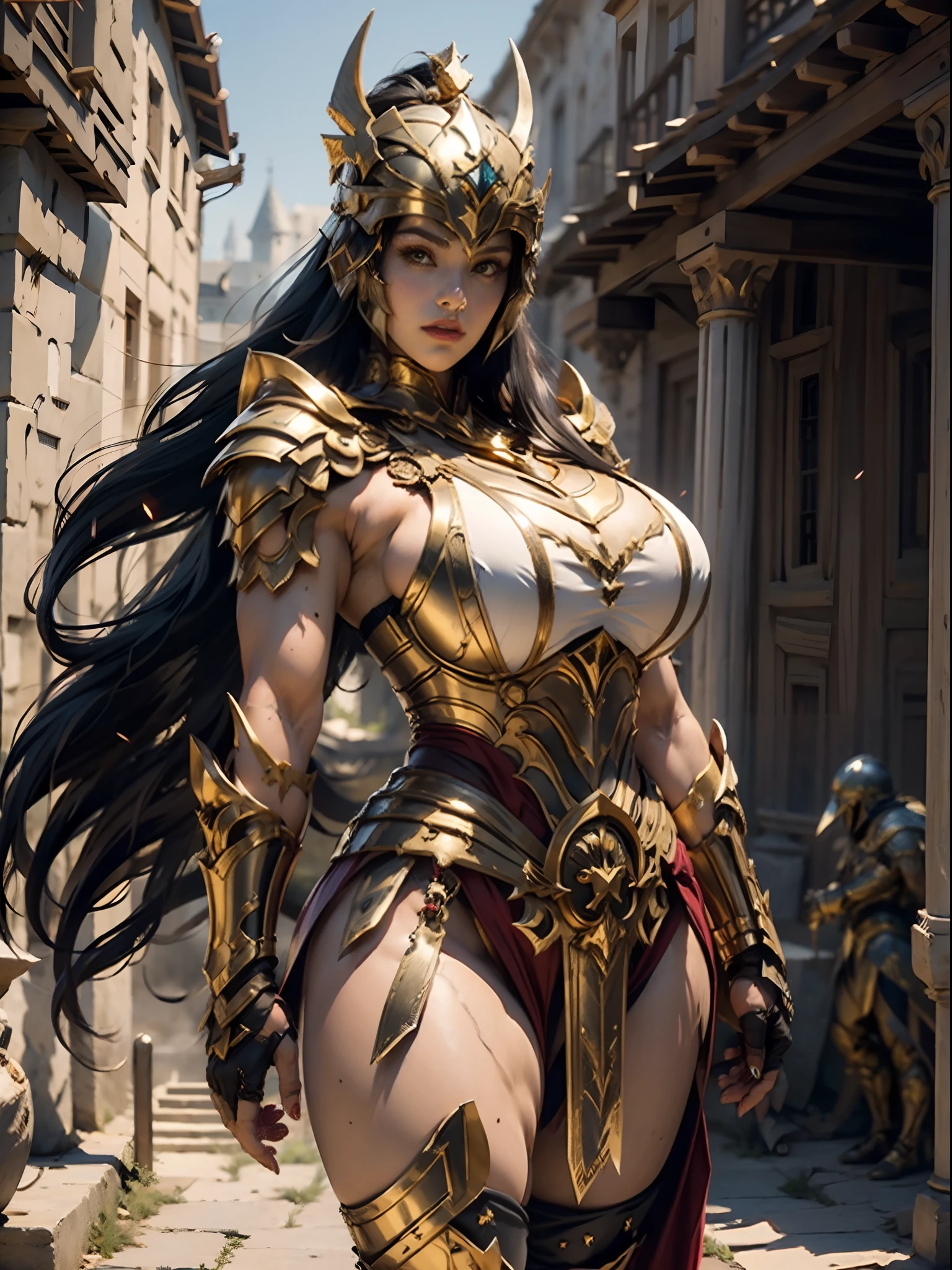 a beautiful golden-greek-armored warrioress, jet-black hair, spartan helmet, muscular, huge and heavy breasts, looking at viewer, modelshot pose, masterpiece, best quality, 8k, blurred background, medieval fantasy castle in the background