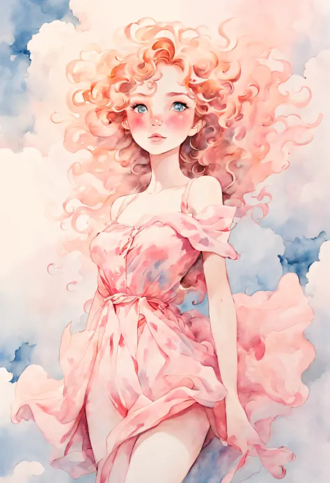 Create an illustration using the soft and ethereal qualities of watercolor. Beautiful pink skin anime model full body, sun-bathi...