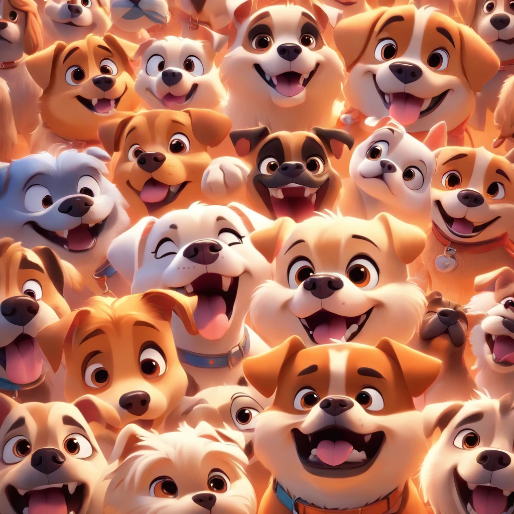 a 3d pixar disney style movie poster with the text " DOG GANG ", with 4 dogs, a big smiling pitbull, a femme pug smiling , a shitzu small white furry smiling,  shitzu, a  femme chow chow smiling orange