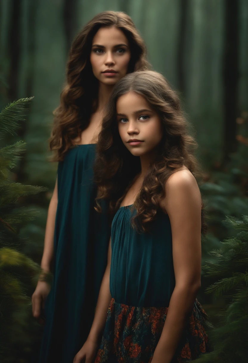 Two young girls standing in the woods with long hair - SeaArt AI