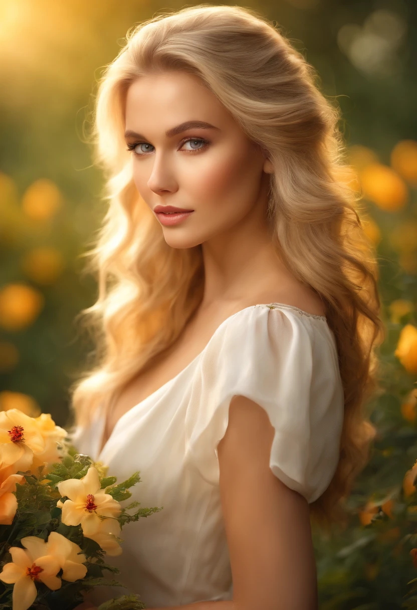 (blond girl),(best quality,ultra-detailed,highres:1.2),(realistic,portrait:1.37),(vivid colors),(soft light),(oil painting),(beautiful detailed eyes,beautiful detailed lips),(long hair),(feminine),(stylish outfit),(confident pose),(flower garden),(golden sunlight),(colorful background),(serene atmosphere),(elegant),(graceful expression),(fine brushstrokes),(subtle shadows),(lush greenery),(natural beauty),(dreamy ambiance),(captivating),(luminous complexion),(gentle breeze),(soft pastels)