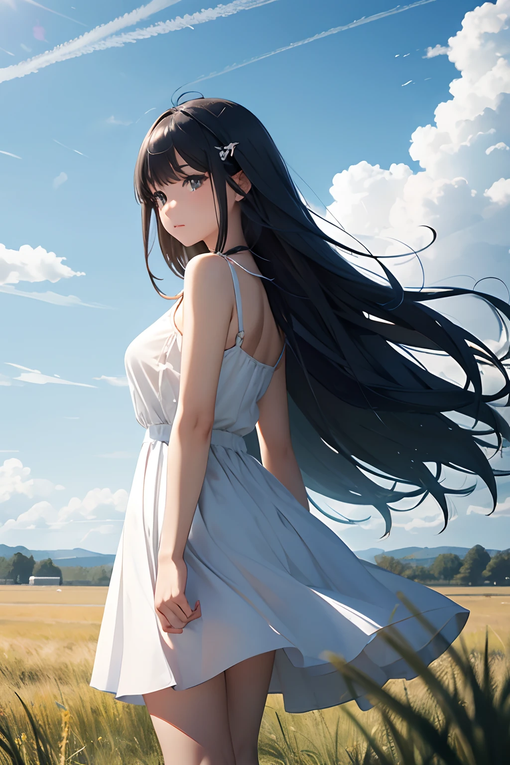 grass field、blue open sky、White cumulonimbus clouds、contrail、glowing sun、Steppe grass swaying in the wind、Photoquality、Live action、Realisticity、Transparency、Realistic depiction、The 8k quality、nffsw、Digital SLR、hightquality、film grains、FujifilmXT3、Girl in white camisole dress、Standing posture、bare-legged、Hair swaying in the wind、Hair to the shoulders、Colossal 、Big eyeedium bob、