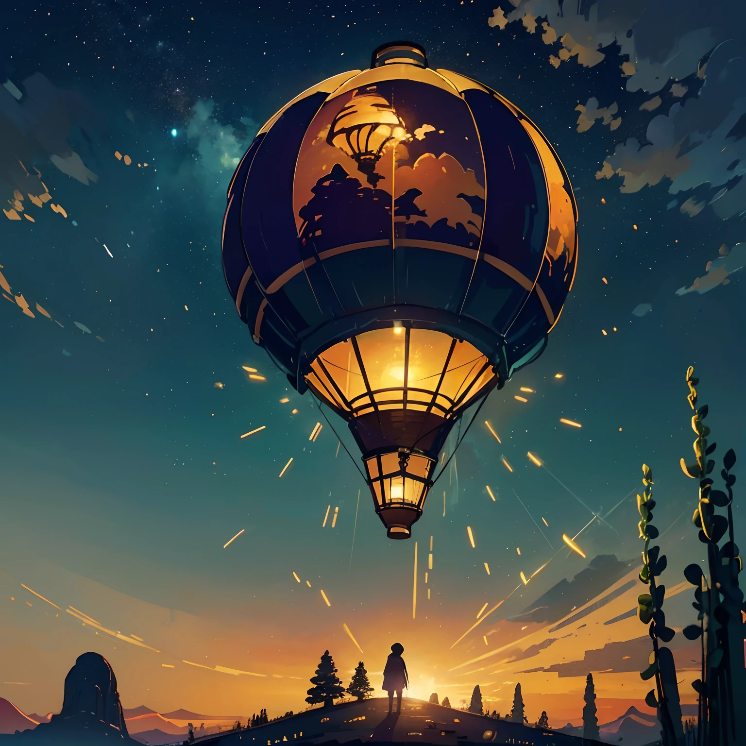 (hot air balloon:1.2)，beautiful sky，Wide landscape photos, (look from down, The sky is above, The vacant lot is below), (the setting sun: 1.2),Distant mountains , green trees,artisanal art, (Warm light: 1.2), (Firefly: 1.2), lamp lights, Lots of purple and orange, Intricate details, Volumetric lighting BREAK (Masterpiece: 1.2), (Best quality), 4K, Ultra detailed, (Dynamic composition: 1.4), Rich in detail and color, (Irridescent color: 1.2), (Glow, Atmospheric lighting), Dreamy, magical, (Solo: 1.2)