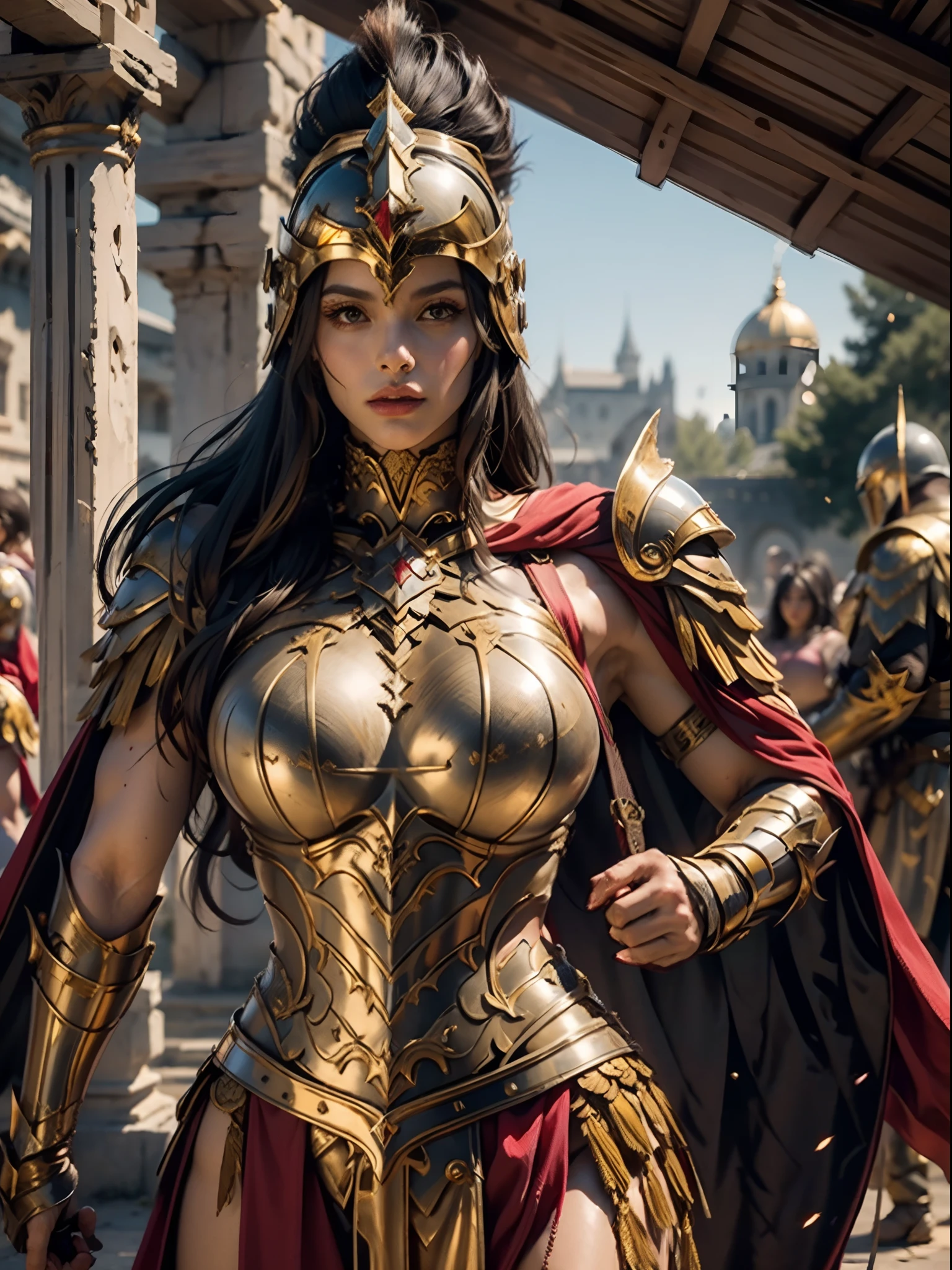 一位身穿金色希腊盔甲的美丽女战士, 乌黑的头发, 重装步兵头盔, 肌肉发达, 巨大而沉重的乳房, 看着观众, 模特姿势, 杰作, 最好的质量, 8千, 模糊的背景, 背景为中世纪奇幻城堡