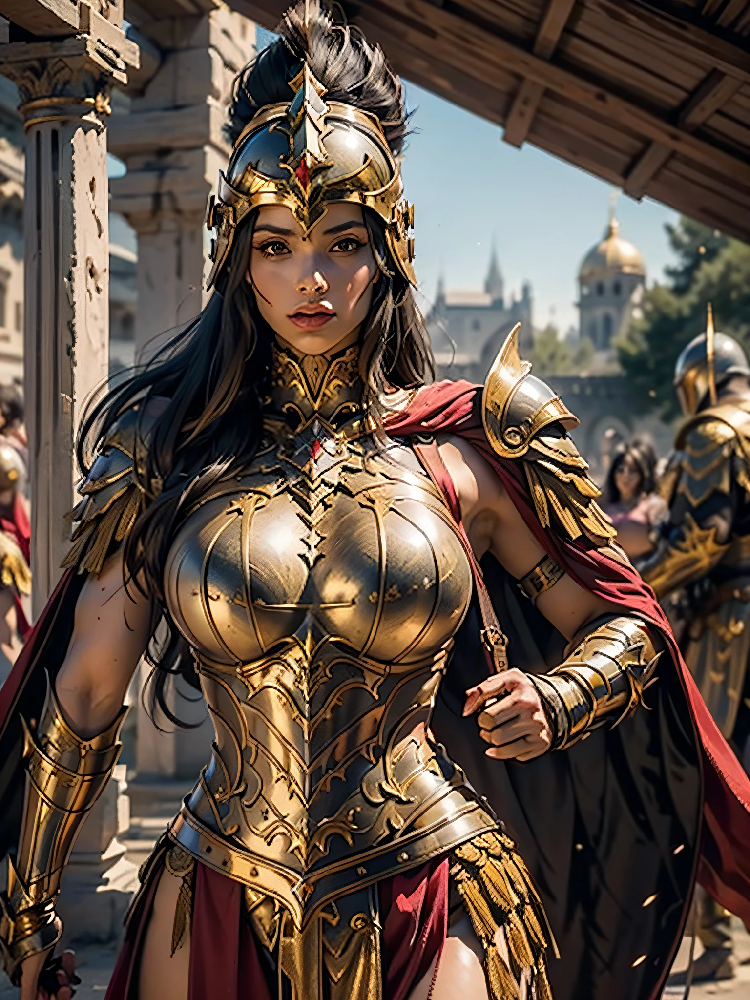 美しい黄金のギリシャの鎧を着た女性戦士, 真っ黒な髪, 重装歩兵ヘルメット, 筋肉質, 巨大で重い胸, 視聴者を見る, モデルショットポーズ, 傑作, 最高品質, 8k, ぼやけた背景, 背景にある中世のファンタジー城