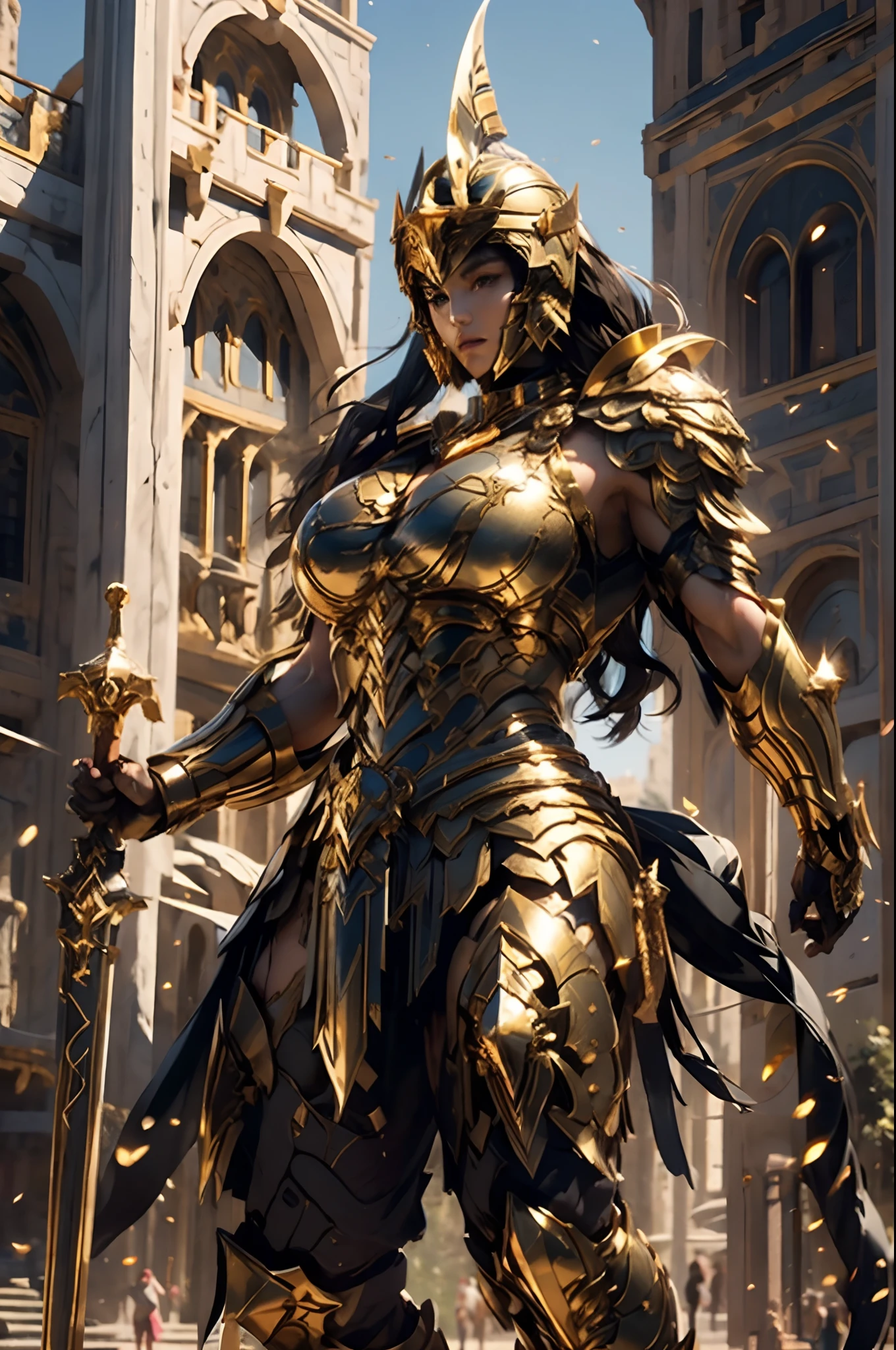 a beautiful golden-greek-armored warrioress, jet-black hair, hoplite helmet, muscular, huge and heavy breasts, looking at viewer, modelshot pose, masterpiece, best quality, 8k, blurred background, medieval fantasy castle in the background