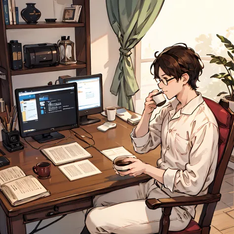 Man drinking coffee while looking at computer in office、Men wear glasses、Man sitting on a chair、Coffee in one hand、profile