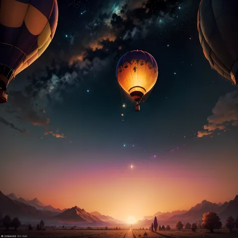 (hot air balloon:1.2)，beautiful sky，Wide landscape photos, (look from down, The sky is above, The vacant lot is below), (the setting sun: 1.2),Distant mountains , green trees,artisanal art, (Warm light: 1.2), (Firefly: 1.2), lamp lights, Lots of purple and...
