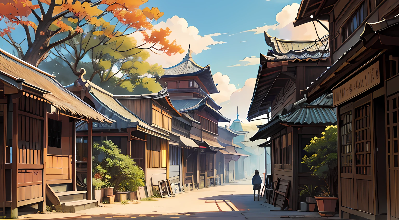 high res, highest quality, illustration, ultra-detailed, (detailed environment), (detailed background)), soft lighting, best quality, hazy glow, dreamy atmosphere, hyper-detailed, masterpiece, (colorful), cowboy shot, from below, outdoors, morning, fruit, ancient bazar, clouds, tall buildings in background, ancient, rock street, urban, temple, concrete, sidewalk, busy, trees, autumn, falling leaves, falling leaves, ancient Indonesia,