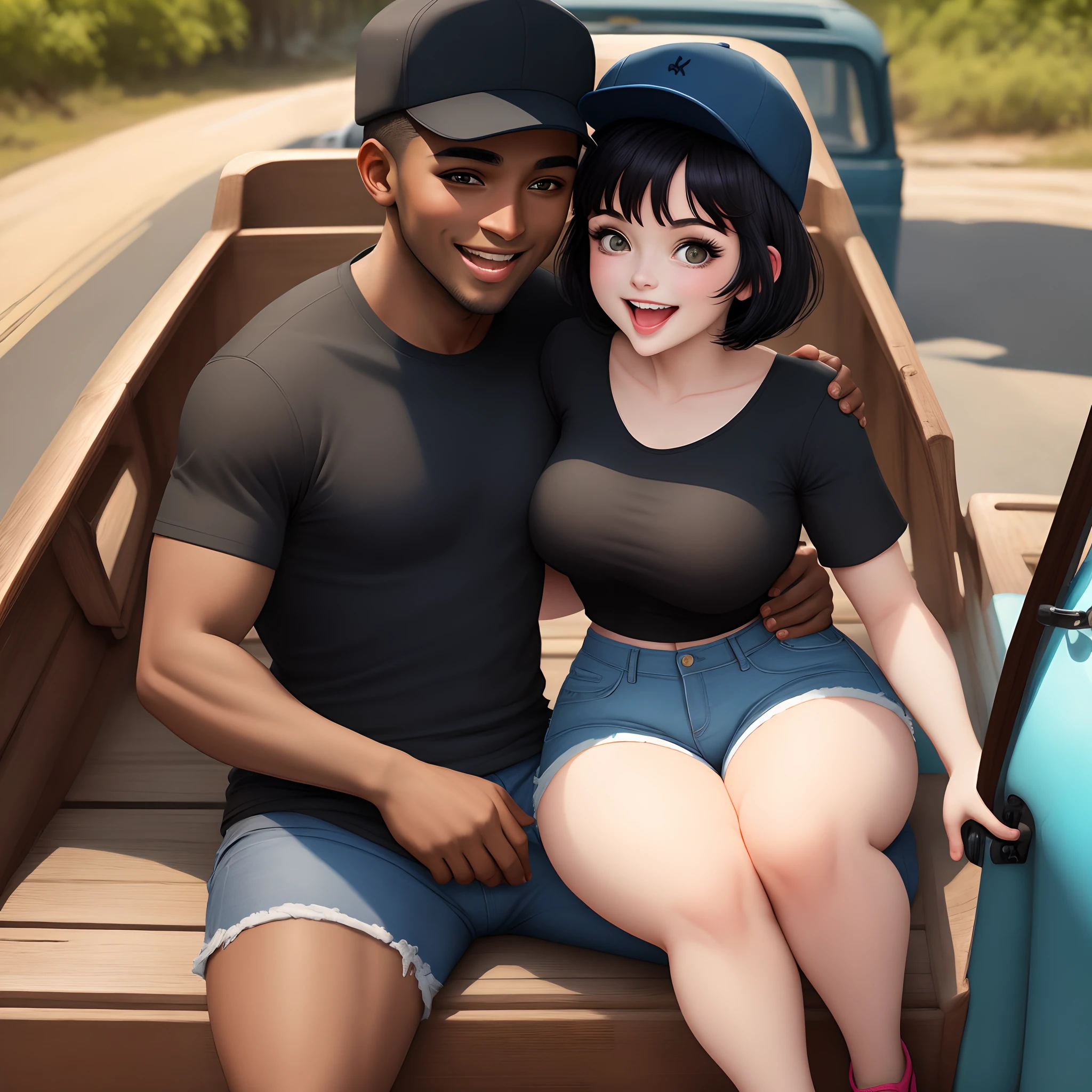 There is a man and woman sitting in the back of a truck - SeaArt AI