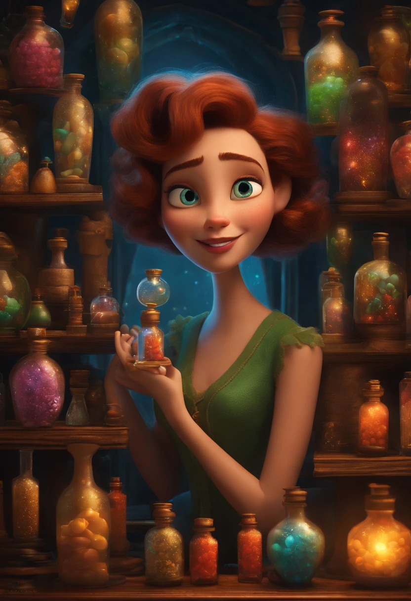 A collector of ideas inspired by Pixar animation, de perto. She is surrounded by a collection of magic vials, each containing a unique idea. The focus is on the character, with a captivating facial expression, Against a backdrop of shimmering, cores efervescentes.