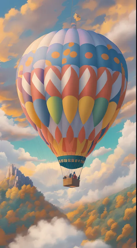 A Hot Air Balloon, colorful illustrations, floating in the sky, breathtaking scenery, aerial view, vibrant colors, dreamlike atmosphere, magical journey, people looking up in awe, joyful and festive mood, sunny day, blue sky, puffy clouds, adventure, wande...