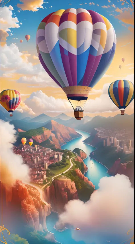 A Hot Air Balloon, colorful illustrations, floating in the sky, breathtaking scenery, aerial view, vibrant colors, dreamlike atmosphere, magical journey, people looking up in awe, joyful and festive mood, sunny day, blue sky, puffy clouds, adventure, wande...