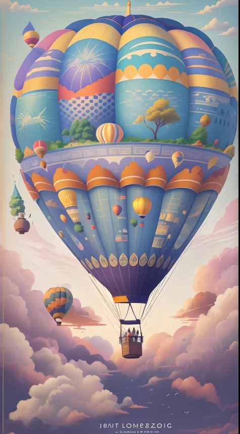A hot air balloon，Colorful illustrations，floating in sky，mind-blowing views，bird's eyes view，Fantastical Atmosphere，Sunny day，blue-sky，Fluffy clouds，adventuring，roam，Trip，exploring，peaceful and serene，Tranquil experience，Freedom to fly，(ad campaign)，Promot...
