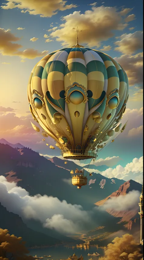 (best quality,4k,8k,highres,masterpiece:1.2), ultra-detailed, realistic:1.37, vivid colors, HDR, luxury hot air balloon floating in the sky, golden glow, mesmerizing scenery, breathtaking view, sparkling fabric, intricate details, enchanting sunset, whimsi...