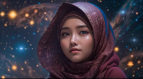 Visualize the Malay girl in hijab as a guardian of the galaxy, with celestial elements like planets and stars surrounding her. U...
