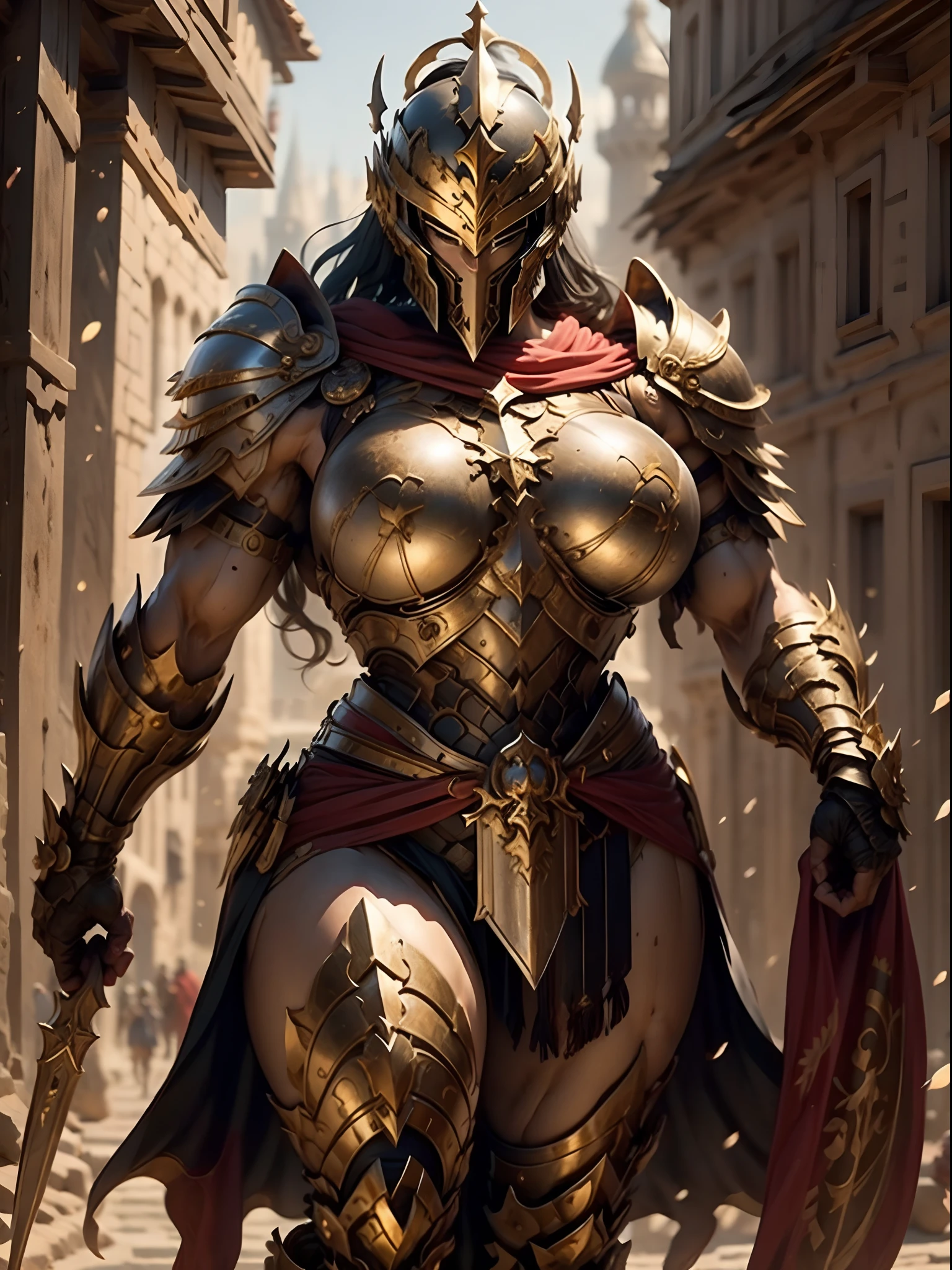 a beautiful golden-greek-armored warrioress, jet-black hair, hoplite helmet, muscular, huge and heavy breasts, looking at viewer, front view, modelshot pose, masterpiece, best quality, 8k, blurred background, medieval fantasy castle in the background